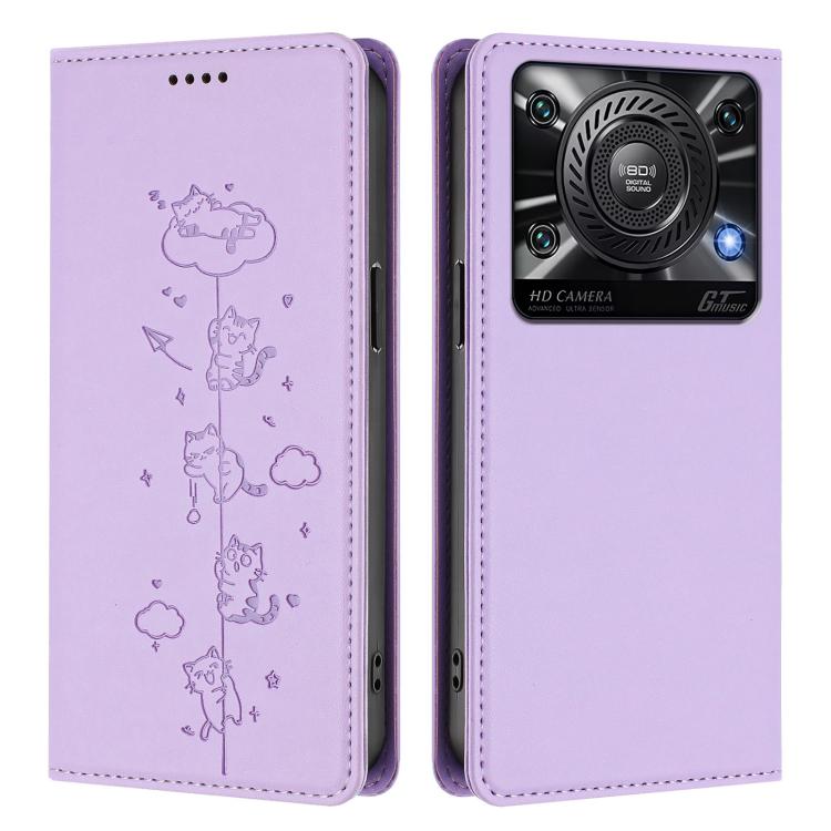 For Oukitel C60 Cute Cats Embossed Magnetic RFID Vegan Leather Phone Case