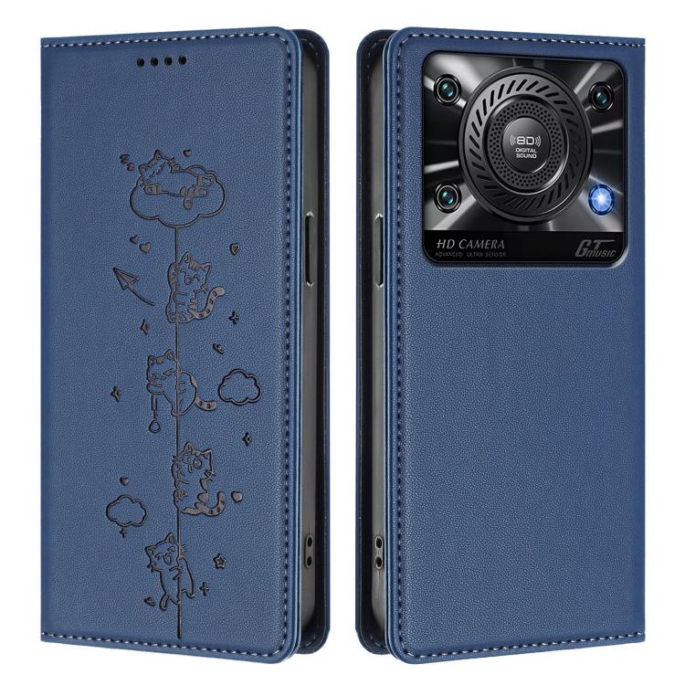 For Oukitel C60 Cute Cats Embossed Magnetic RFID Vegan Leather Phone Case