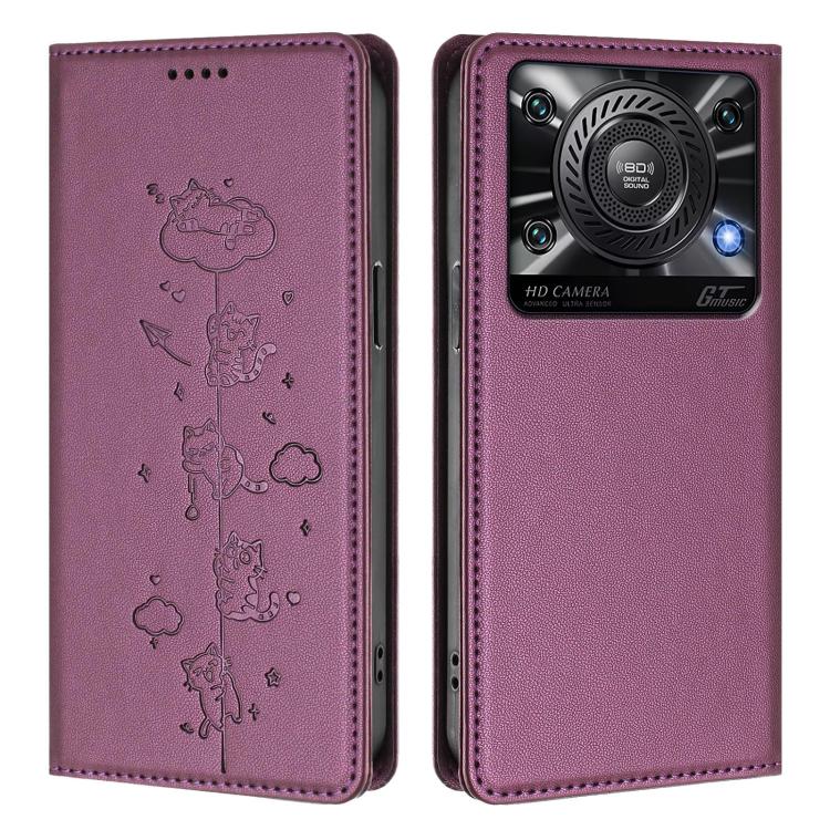 For Oukitel C60 Cute Cats Embossed Magnetic RFID Vegan Leather Phone Case