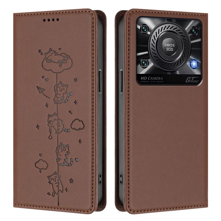 For Oukitel C60 Cute Cats Embossed Magnetic RFID Vegan Leather Phone Case