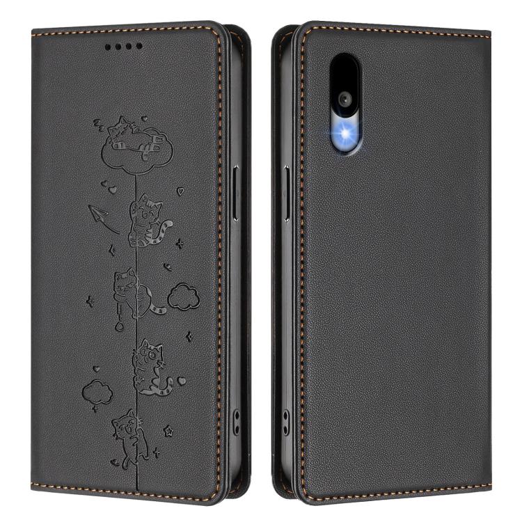 For Sharp Basio Active3 Cute Cats Embossed Magnetic RFID Vegan Leather Phone Case