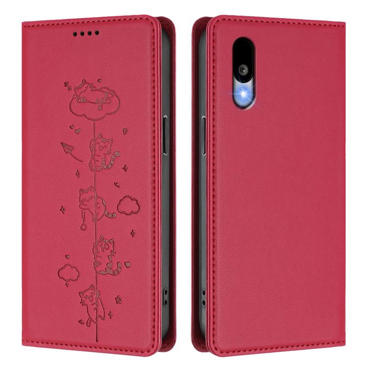 For Sharp Basio Active3 Cute Cats Embossed Magnetic RFID Vegan Leather Phone Case