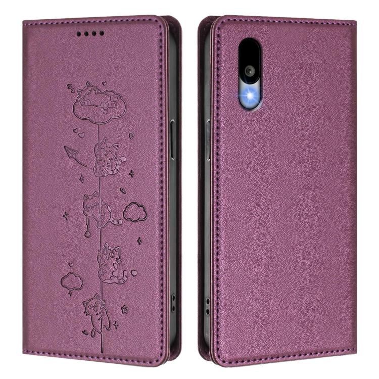 For Sharp Basio Active3 Cute Cats Embossed Magnetic RFID Vegan Leather Phone Case