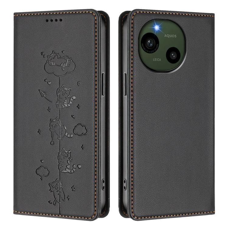 For Sharp Aquos R9 Cute Cats Embossed Magnetic RFID Vegan Leather Phone Case
