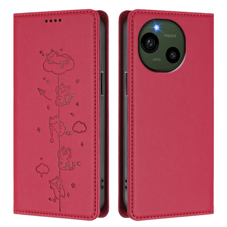 For Sharp Aquos R9 Cute Cats Embossed Magnetic RFID Vegan Leather Phone Case