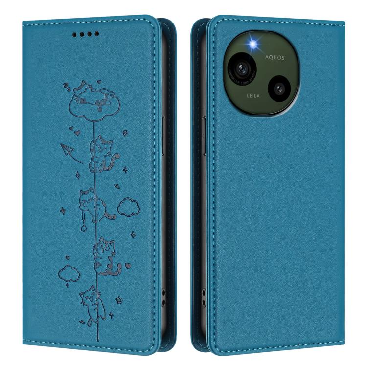 For Sharp Aquos R9 Cute Cats Embossed Magnetic RFID Vegan Leather Phone Case