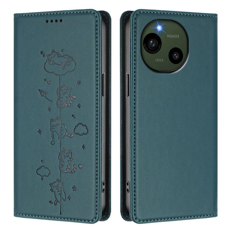 For Sharp Aquos R9 Cute Cats Embossed Magnetic RFID Vegan Leather Phone Case