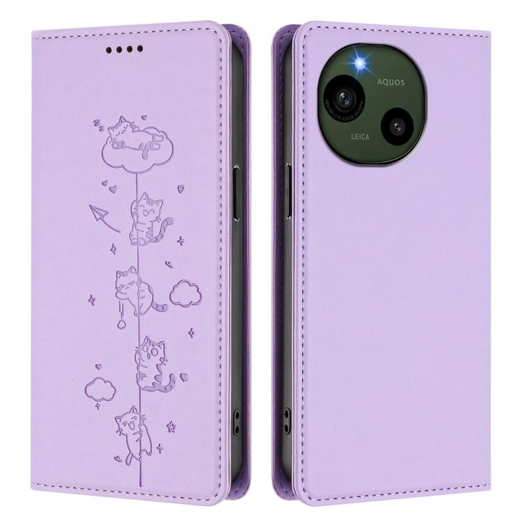 For Sharp Aquos R9 Cute Cats Embossed Magnetic RFID Vegan Leather Phone Case