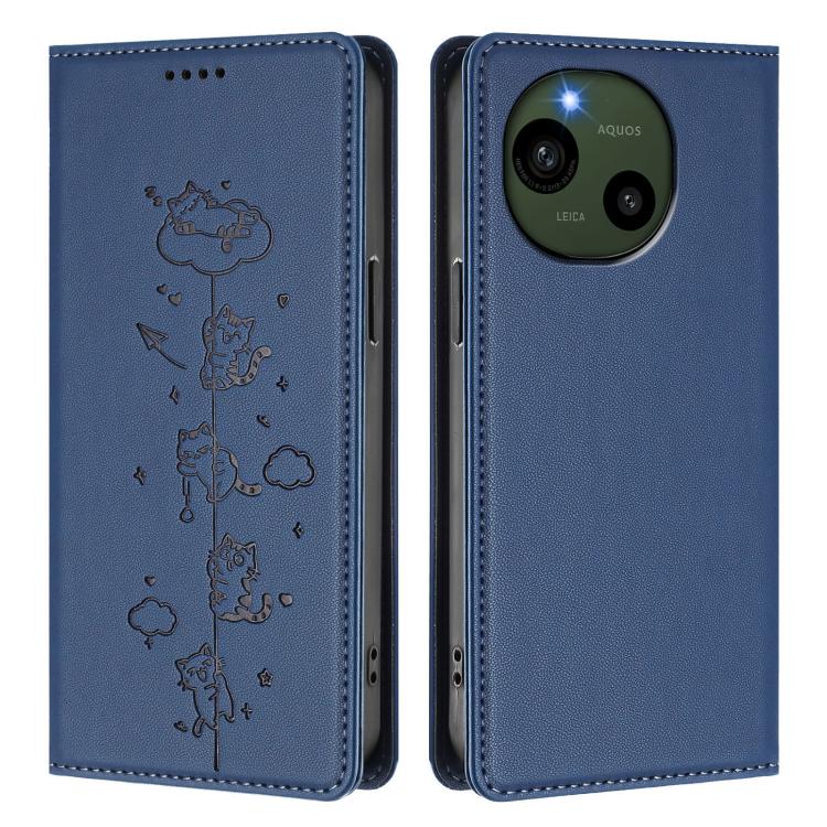 For Sharp Aquos R9 Cute Cats Embossed Magnetic RFID Vegan Leather Phone Case