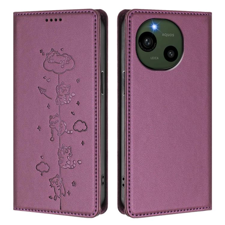 For Sharp Aquos R9 Cute Cats Embossed Magnetic RFID Vegan Leather Phone Case