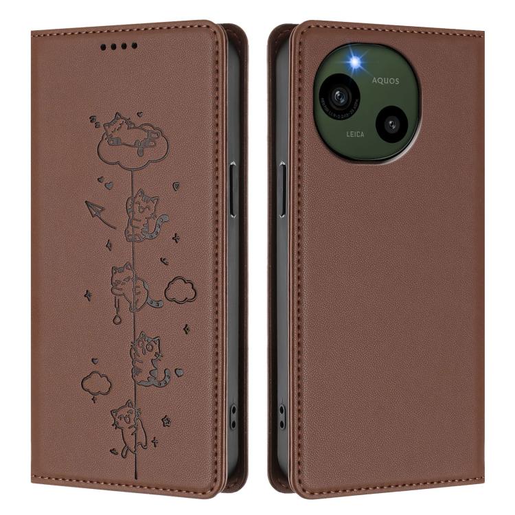 For Sharp Aquos R9 Cute Cats Embossed Magnetic RFID Vegan Leather Phone Case