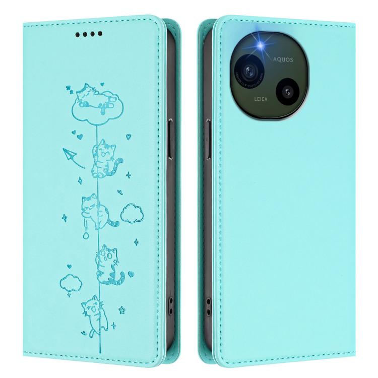 For Sharp Aquos R10 Cute Cats Embossed Magnetic RFID Vegan Leather Phone Case