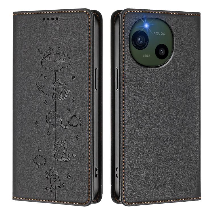 For Sharp Aquos R10 Cute Cats Embossed Magnetic RFID Vegan Leather Phone Case
