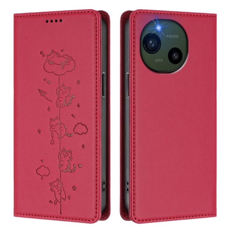 For Sharp Aquos R10 Cute Cats Embossed Magnetic RFID Vegan Leather Phone Case
