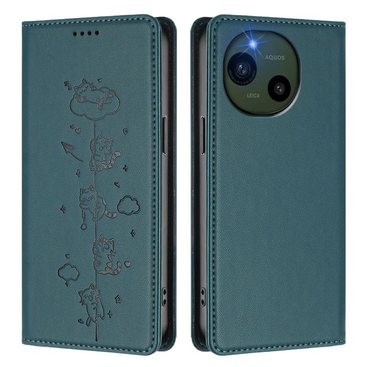For Sharp Aquos R10 Cute Cats Embossed Magnetic RFID Vegan Leather Phone Case