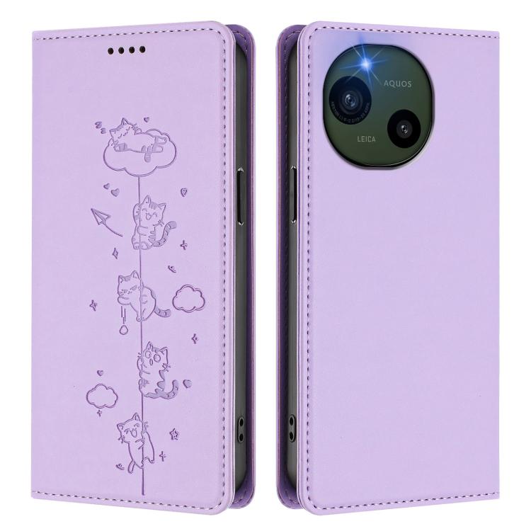 For Sharp Aquos R10 Cute Cats Embossed Magnetic RFID Vegan Leather Phone Case