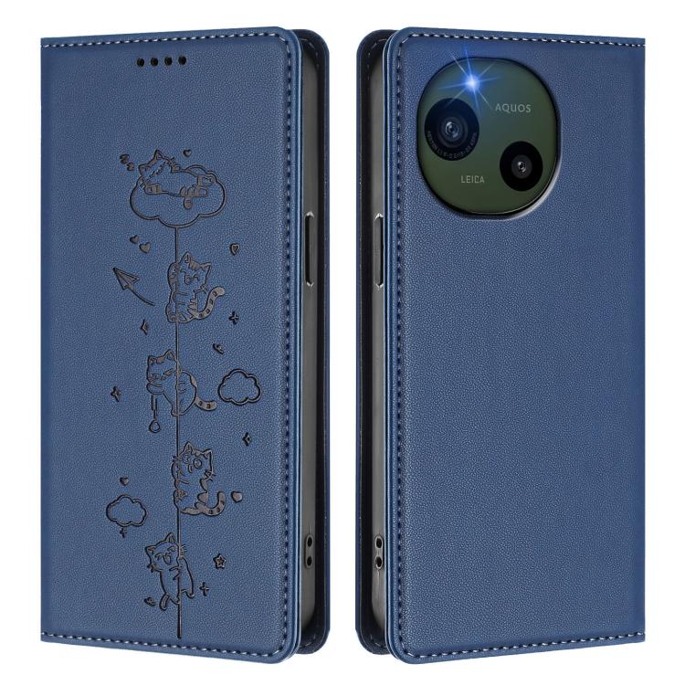 For Sharp Aquos R10 Cute Cats Embossed Magnetic RFID Vegan Leather Phone Case