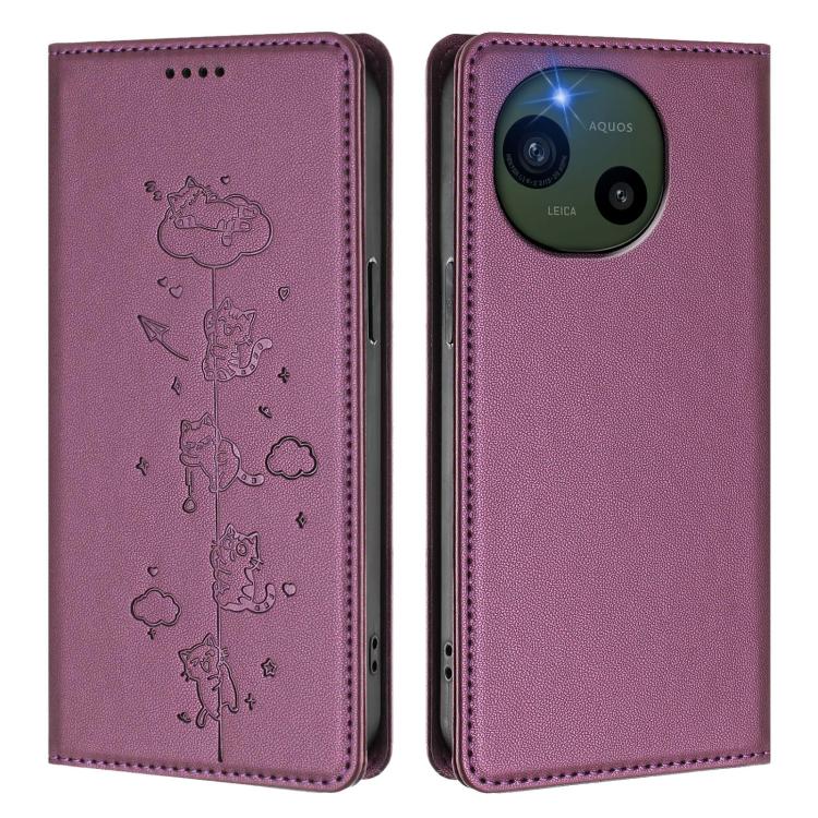 For Sharp Aquos R10 Cute Cats Embossed Magnetic RFID Vegan Leather Phone Case