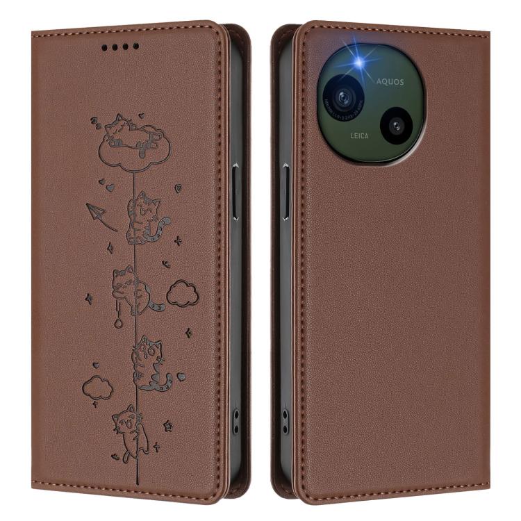 For Sharp Aquos R10 Cute Cats Embossed Magnetic RFID Vegan Leather Phone Case