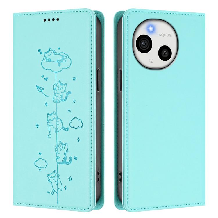 For Sharp Aquos Sense9 Plus Cute Cats Embossed Magnetic RFID Vegan Leather Phone Case
