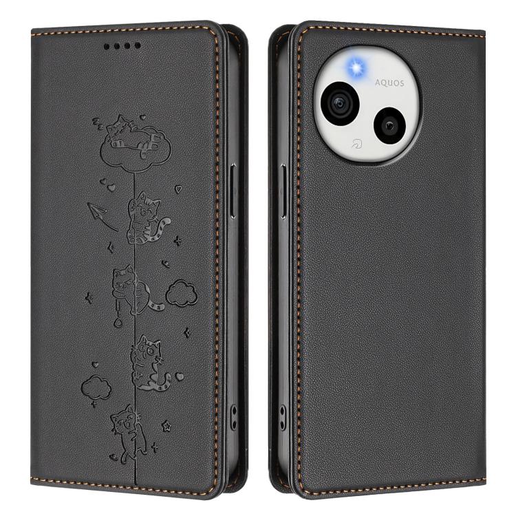 For Sharp Aquos Sense9 Plus Cute Cats Embossed Magnetic RFID Vegan Leather Phone Case