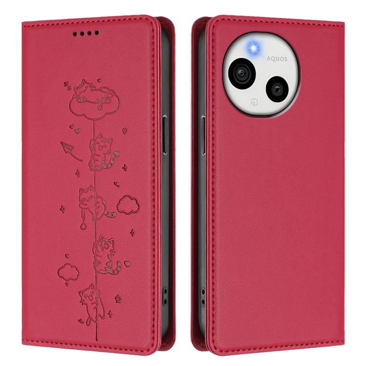 For Sharp Aquos Sense9 Plus Cute Cats Embossed Magnetic RFID Vegan Leather Phone Case