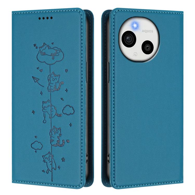 For Sharp Aquos Sense9 Plus Cute Cats Embossed Magnetic RFID Vegan Leather Phone Case
