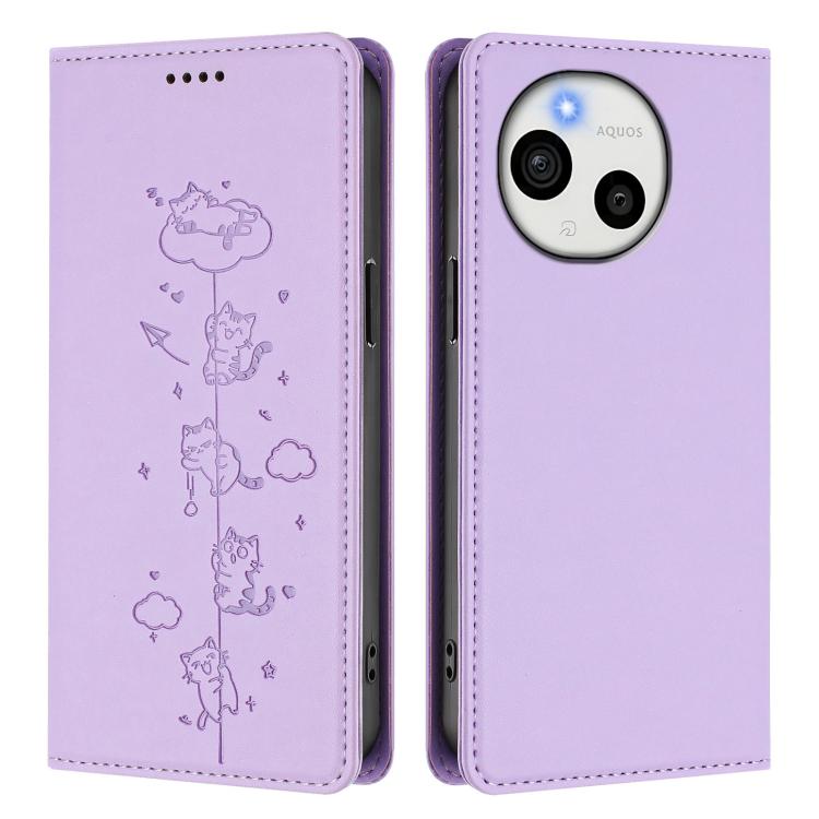 For Sharp Aquos Sense9 Plus Cute Cats Embossed Magnetic RFID Vegan Leather Phone Case