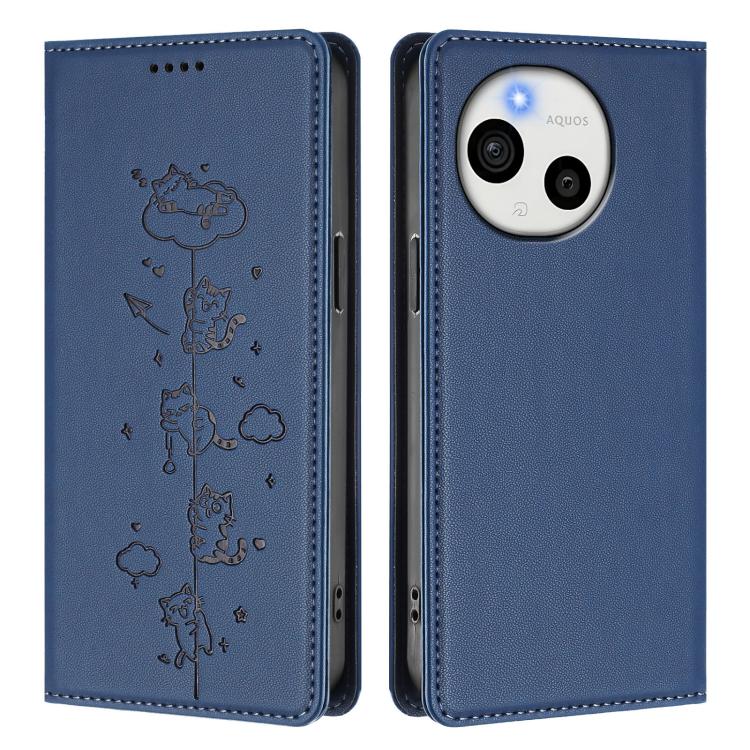For Sharp Aquos Sense9 Plus Cute Cats Embossed Magnetic RFID Vegan Leather Phone Case