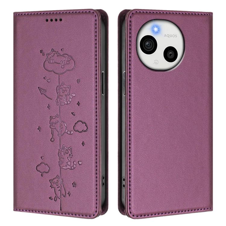 For Sharp Aquos Sense9 Plus Cute Cats Embossed Magnetic RFID Vegan Leather Phone Case