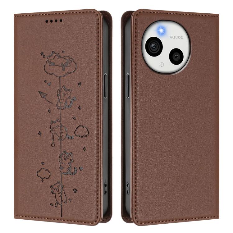 For Sharp Aquos Sense9 Plus Cute Cats Embossed Magnetic RFID Vegan Leather Phone Case