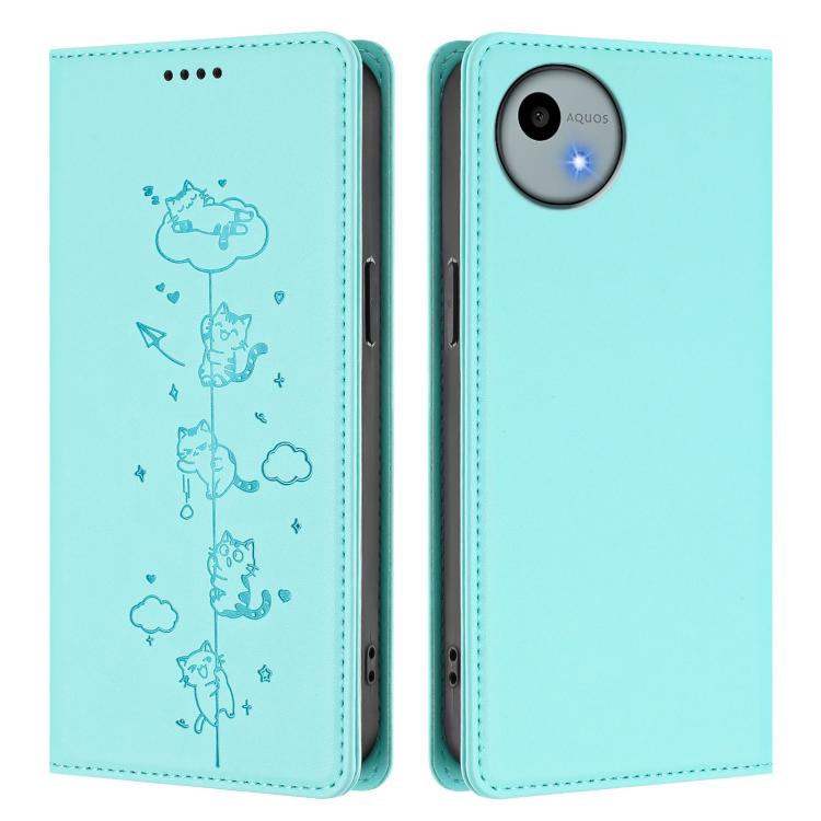 For Sharp Aquos Wish4 Cute Cats Embossed Magnetic RFID Vegan Leather Phone Case