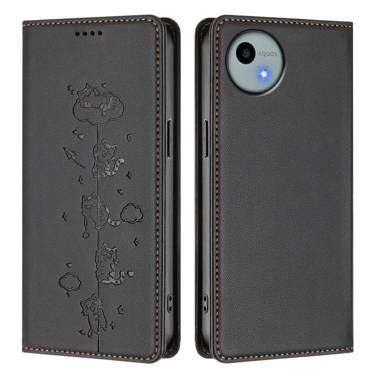 For Sharp Aquos Wish4 Cute Cats Embossed Magnetic RFID Vegan Leather Phone Case