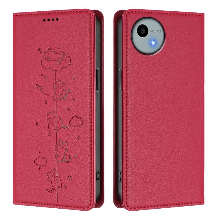 For Sharp Aquos Wish4 Cute Cats Embossed Magnetic RFID Vegan Leather Phone Case