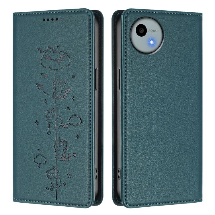For Sharp Aquos Wish4 Cute Cats Embossed Magnetic RFID Vegan Leather Phone Case