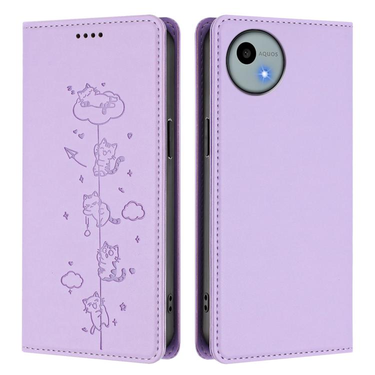 For Sharp Aquos Wish4 Cute Cats Embossed Magnetic RFID Vegan Leather Phone Case
