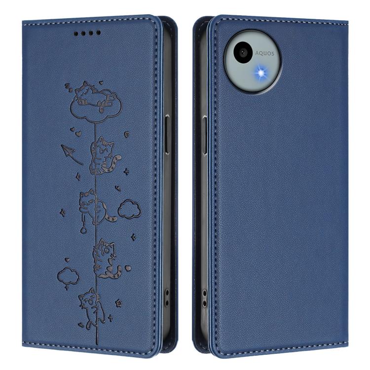 For Sharp Aquos Wish4 Cute Cats Embossed Magnetic RFID Vegan Leather Phone Case