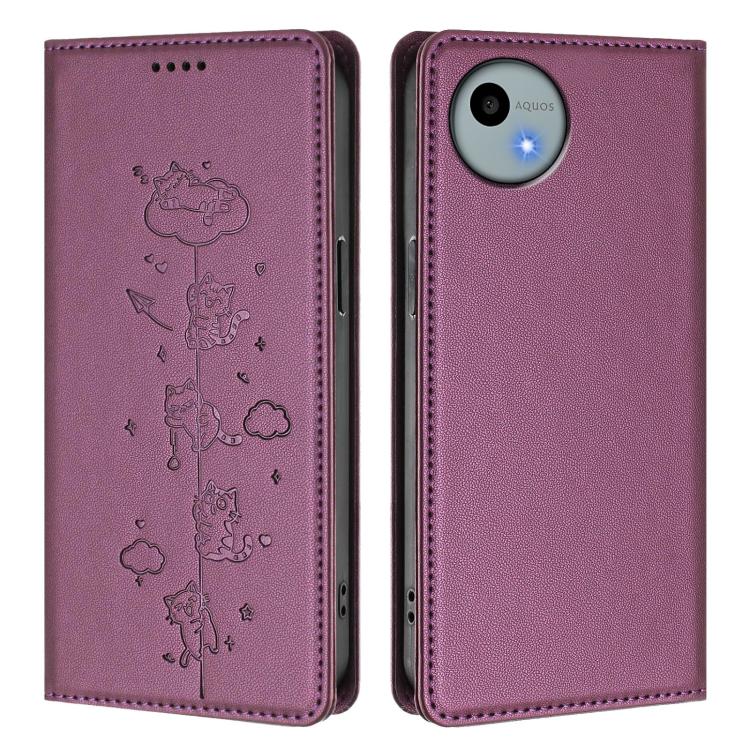 For Sharp Aquos Wish4 Cute Cats Embossed Magnetic RFID Vegan Leather Phone Case