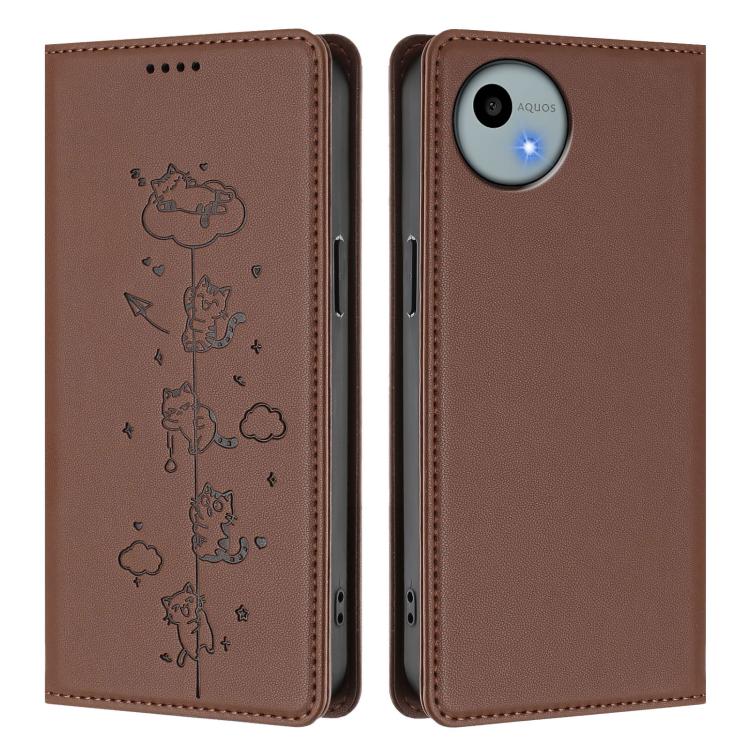 For Sharp Aquos Wish4 Cute Cats Embossed Magnetic RFID Vegan Leather Phone Case