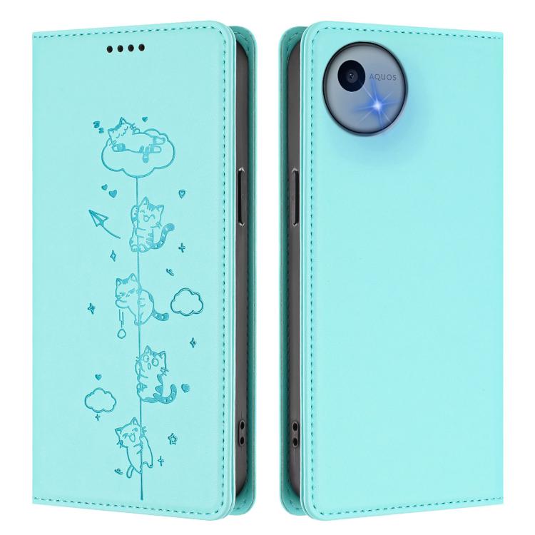 For Sharp Aquos Wish5 Cute Cats Embossed Magnetic RFID Vegan Leather Phone Case
