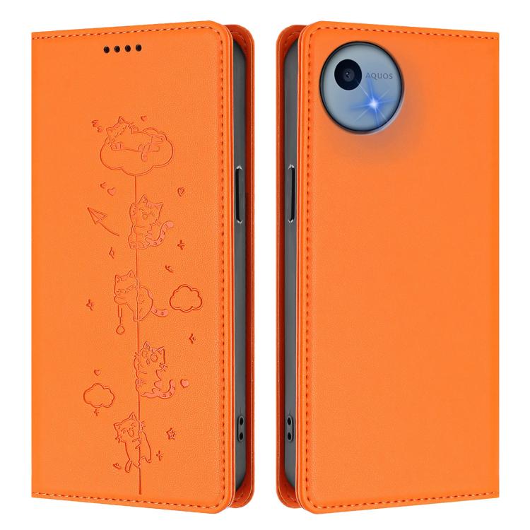 For Sharp Aquos Wish5 Cute Cats Embossed Magnetic RFID Vegan Leather Phone Case