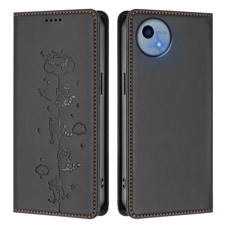 For Sharp Aquos Wish5 Cute Cats Embossed Magnetic RFID Vegan Leather Phone Case