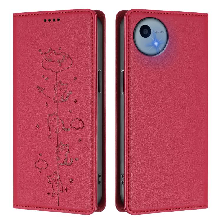 For Sharp Aquos Wish5 Cute Cats Embossed Magnetic RFID Vegan Leather Phone Case