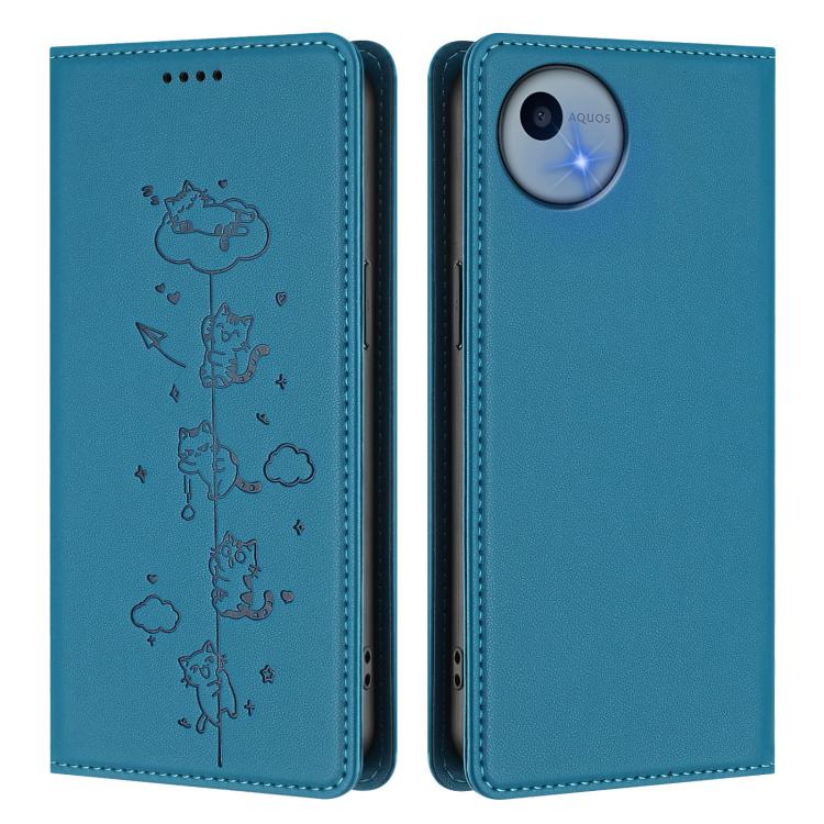 For Sharp Aquos Wish5 Cute Cats Embossed Magnetic RFID Vegan Leather Phone Case