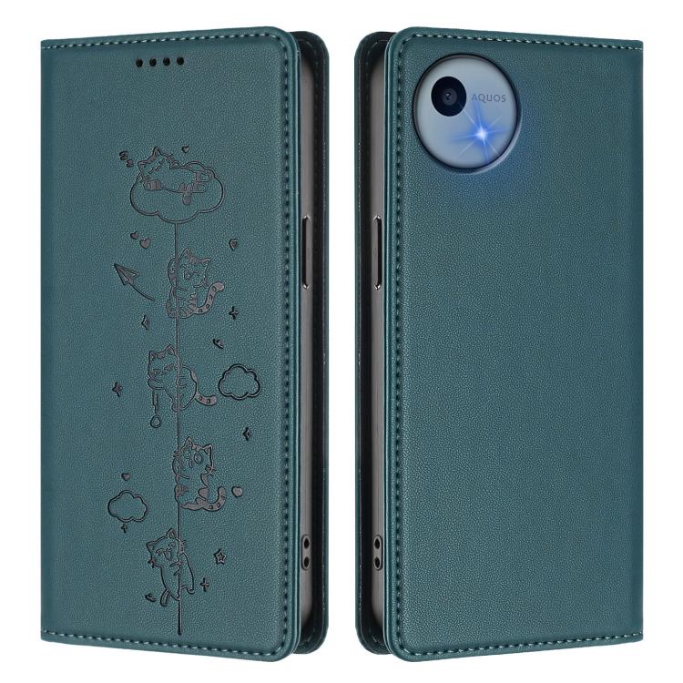 For Sharp Aquos Wish5 Cute Cats Embossed Magnetic RFID Vegan Leather Phone Case