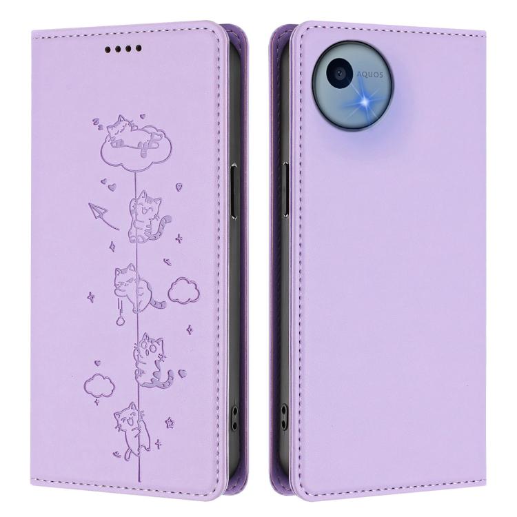 For Sharp Aquos Wish5 Cute Cats Embossed Magnetic RFID Vegan Leather Phone Case