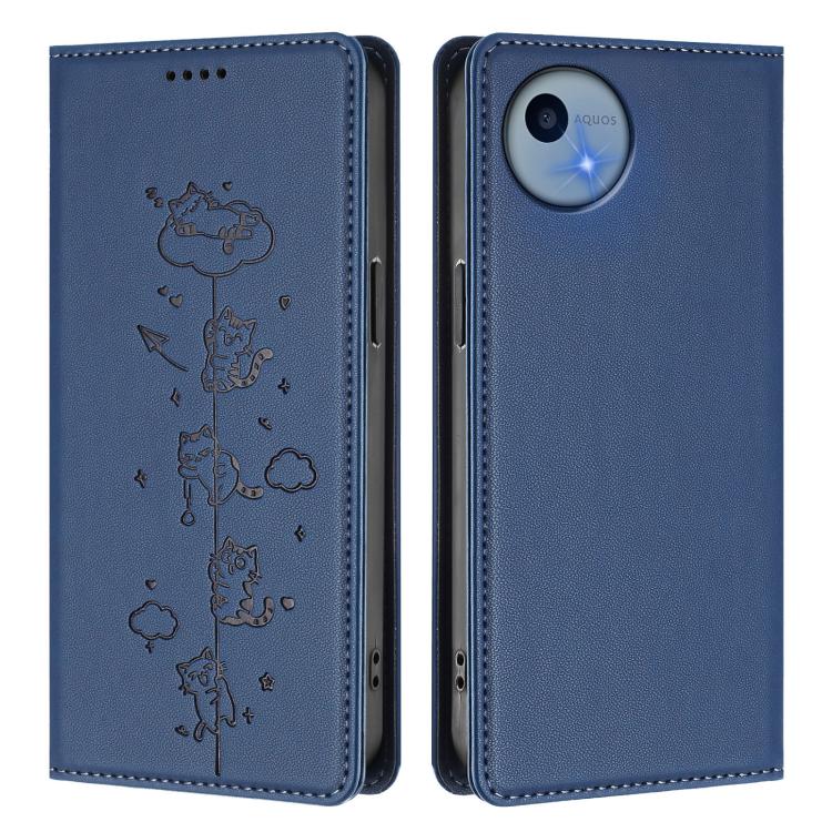 For Sharp Aquos Wish5 Cute Cats Embossed Magnetic RFID Vegan Leather Phone Case