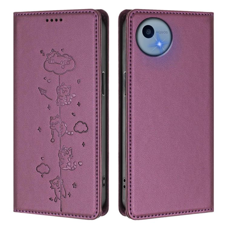 For Sharp Aquos Wish5 Cute Cats Embossed Magnetic RFID Vegan Leather Phone Case