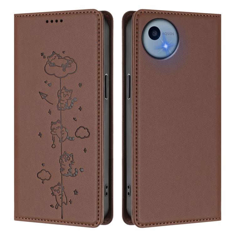 For Sharp Aquos Wish5 Cute Cats Embossed Magnetic RFID Vegan Leather Phone Case
