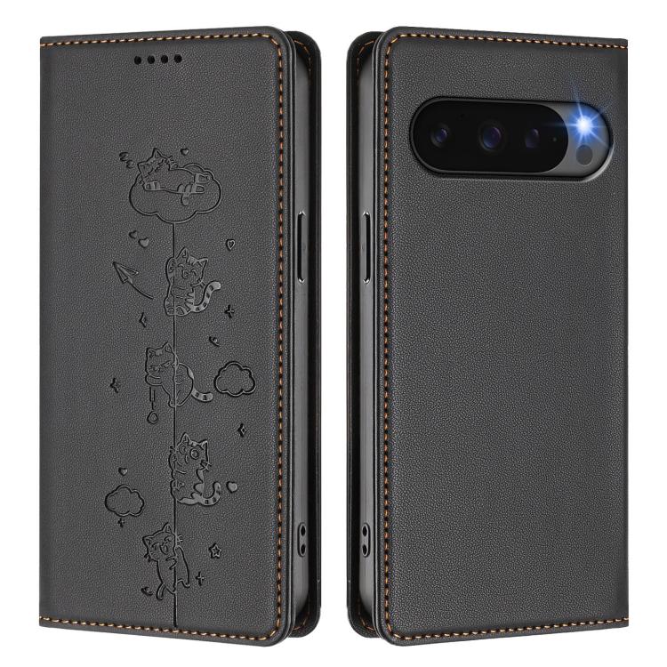 For Google Pixel 10 / 10 Pro / Pixel 9 / 9 Pro Cute Cats Embossed Magnetic RFID Vegan Leather Phone Case